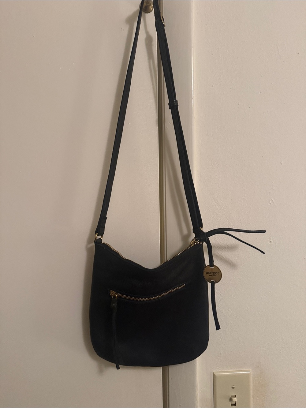 margot Black Leather Crossbody with Gold Charm